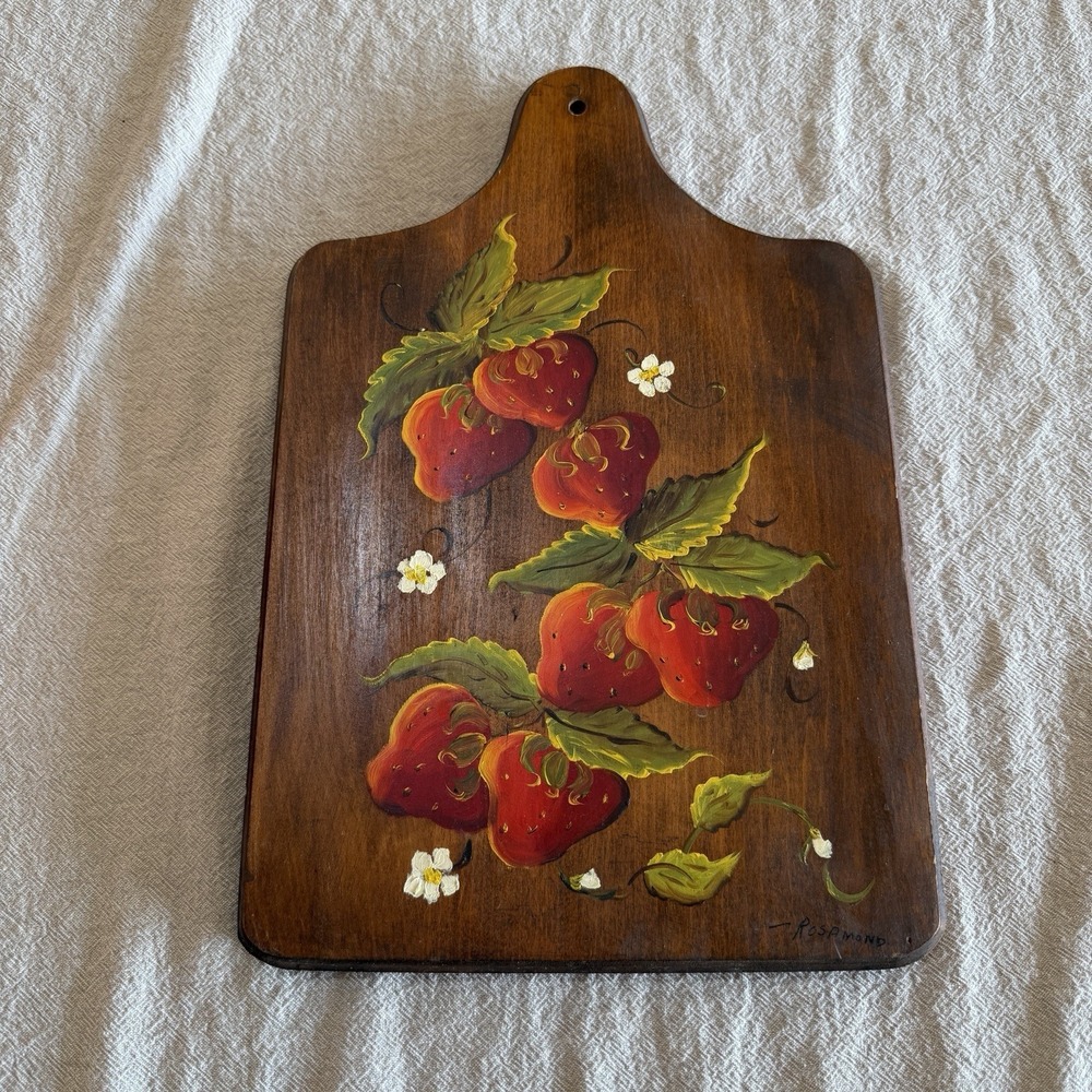 Vintage Signed Strawberry Hand-Painted Wood Cutting Board Wall Decor